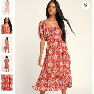 Lulus - Daily Daydream Rust Red Floral Print Puff Sleeve Midi Dress